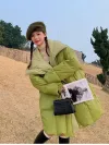 Avocado green white duck down PU leather down jacket for mid-length women, a niche design sense, a popular no-wash coat on the Internet Item Picture